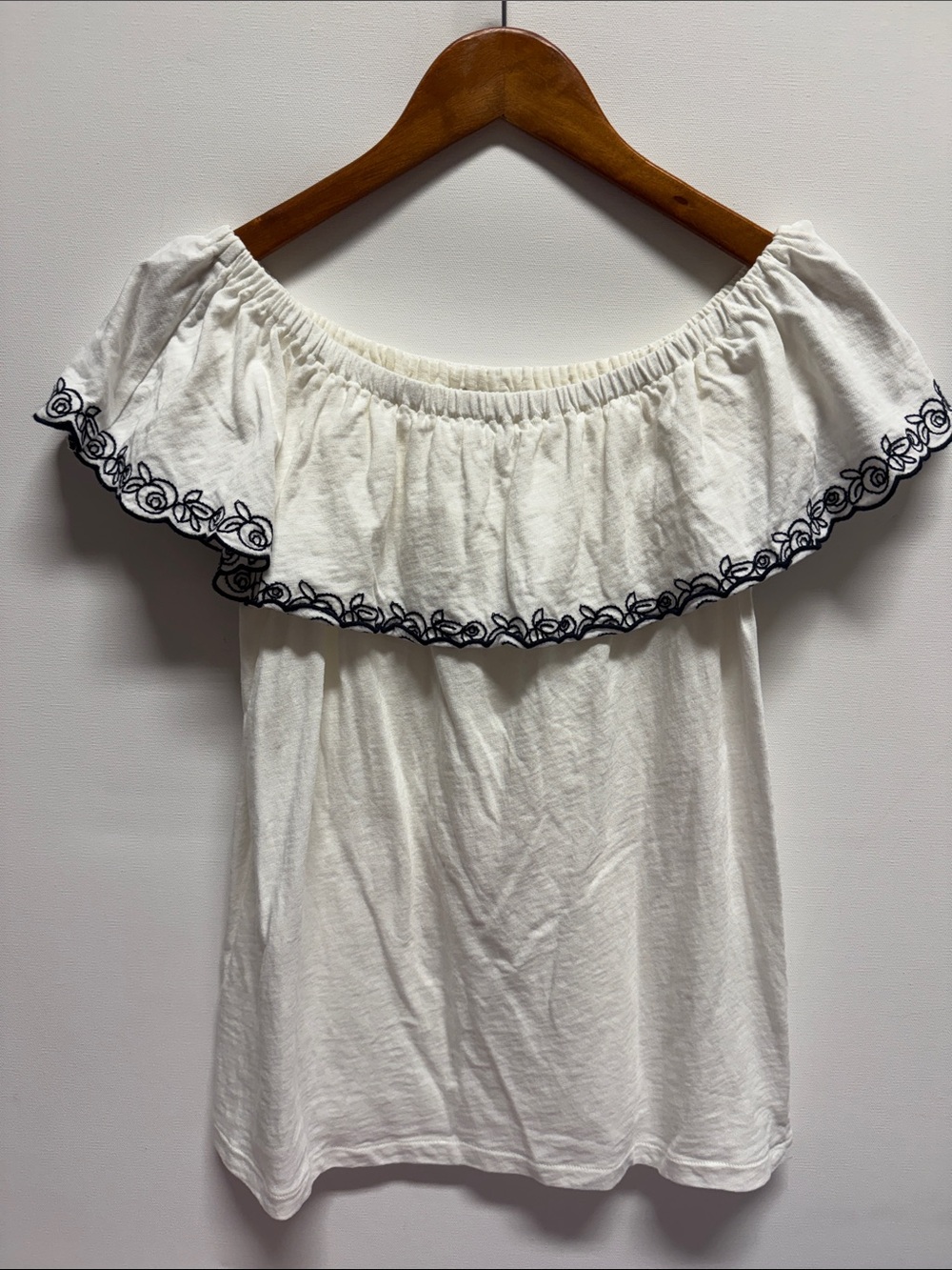 J. Crew White Off-Shoulder Tunic with Navy Blue Embroidery